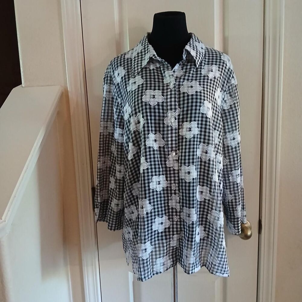 Retro Alfred Dunner Black/White Gingham Floral Button-Up Shirt 3/4 Sleeves XL